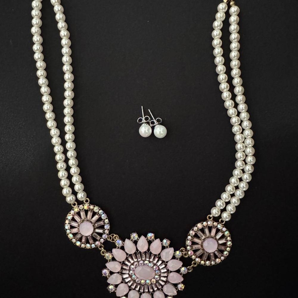 Pearl and Pink Gem Necklace Set